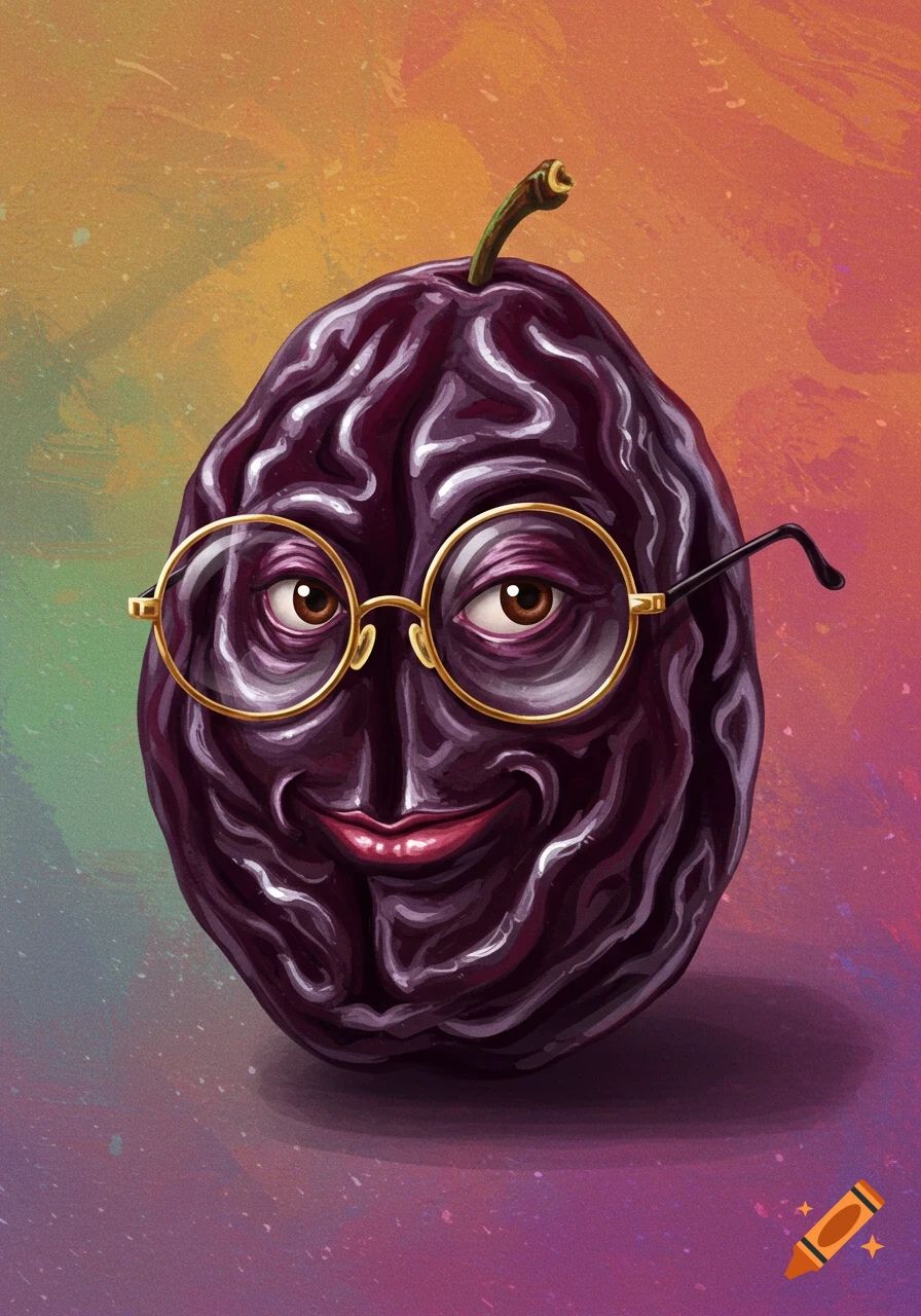 A cartoon illustration of a smiling prune wearing gold-rimmed glasses against a colorful, textured background.