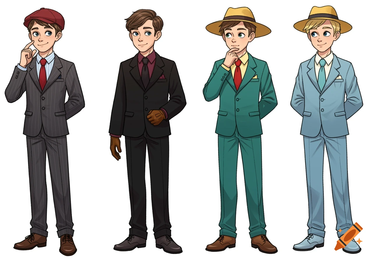 Four anime-style young boys in vintage suits, with various hats and expressions, stand in a row.