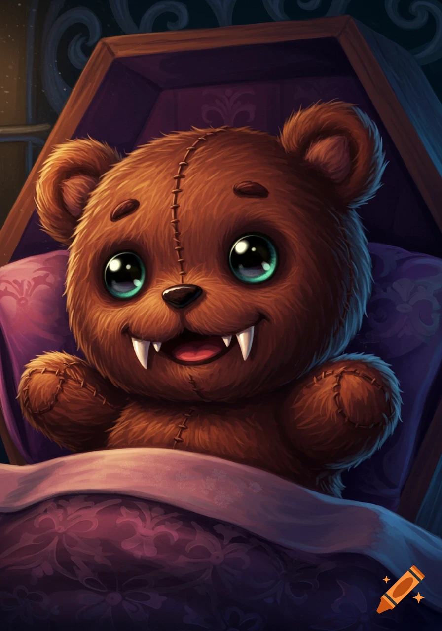 Cute brown teddy bear with fangs and stitches, glowing green eyes, peeking from a purple-lined coffin under a patterned blanket, illustration style.
