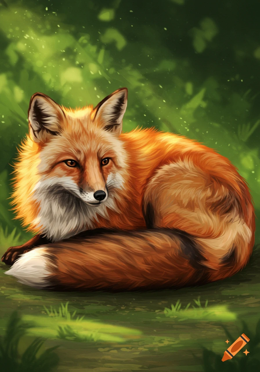 Digital art illustration of a red fox with bright orange fur curled up on a green forest floor.
