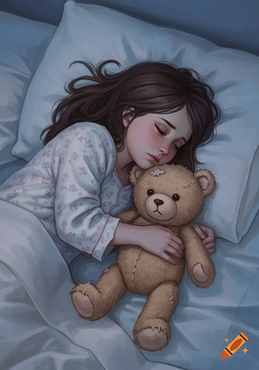 Digital art of a young girl with dark hair sleeping peacefully in bed, hugging a teddy bear with a bandage on its head.