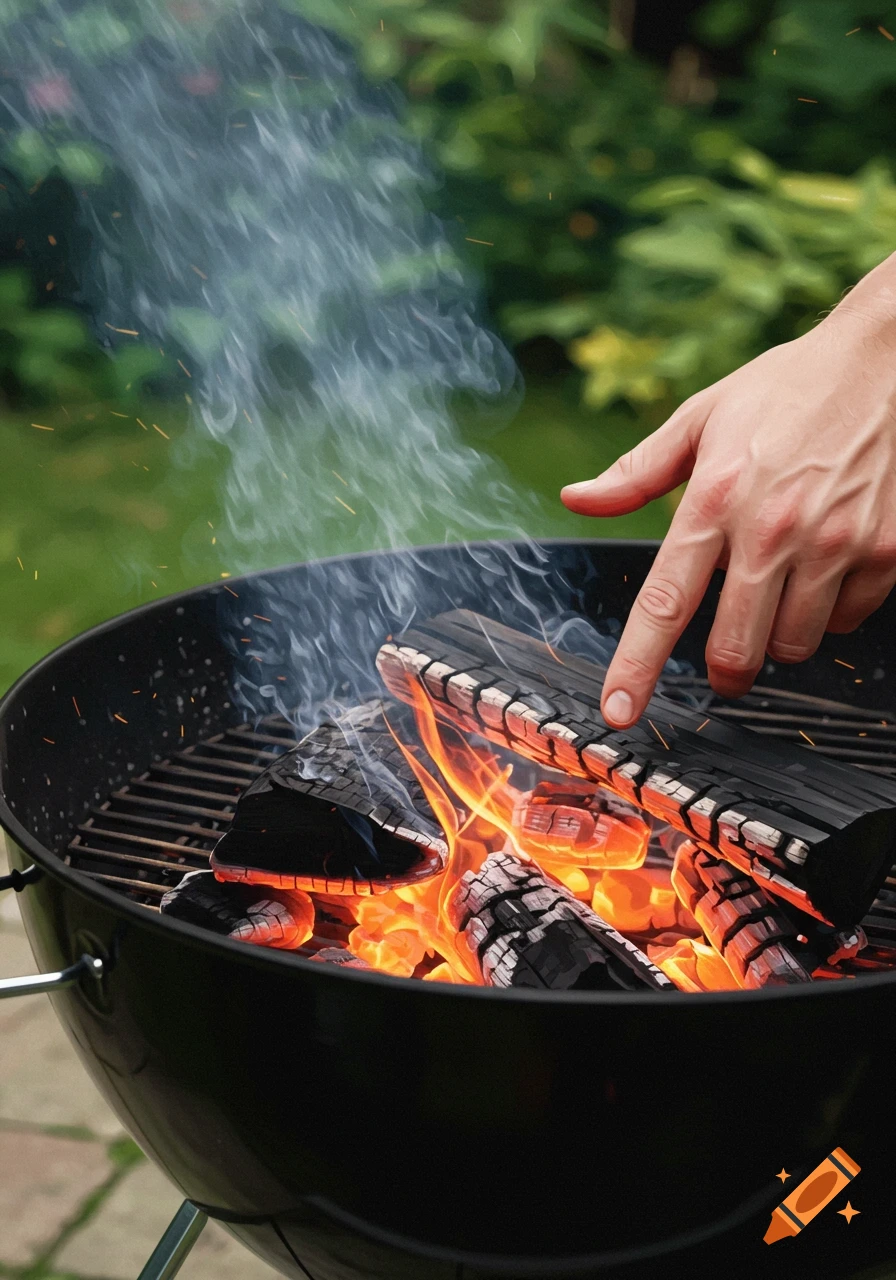 A hand adjusting burning wood logs in a black barbecue grill outdoors, with smoke rising.