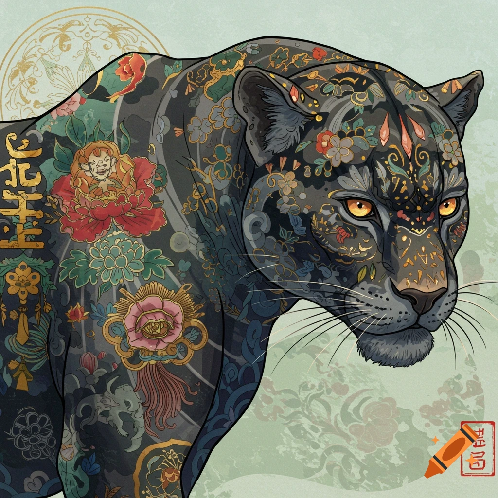 A black panther adorned with vibrant, intricate Korean/Japanese folk-style tattoos of flowers, patterns, and characters.