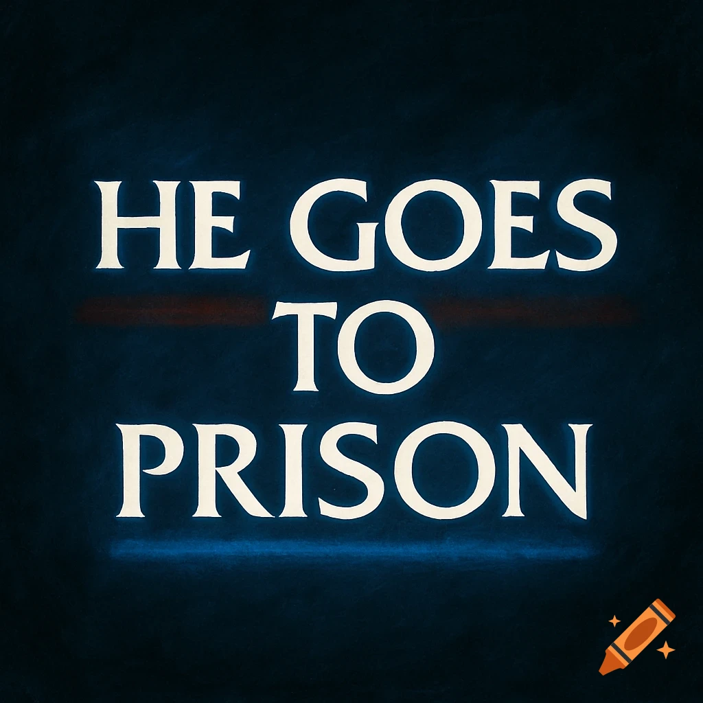 White glowing text 'HE GOES TO PRISON' with a red line on a dark blue background, in the style of Law & Order.