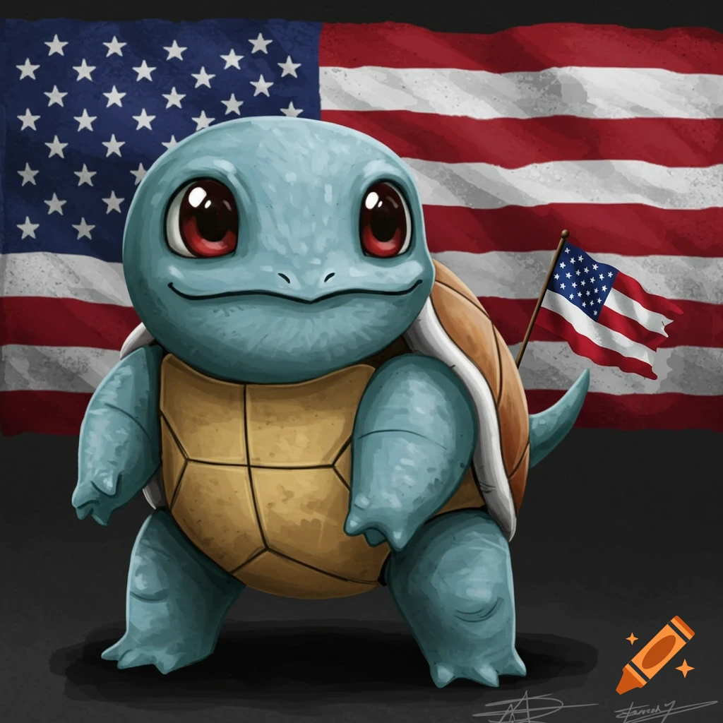 Cartoon Squirtle stands in front of a large American flag, holding a smaller American flag.