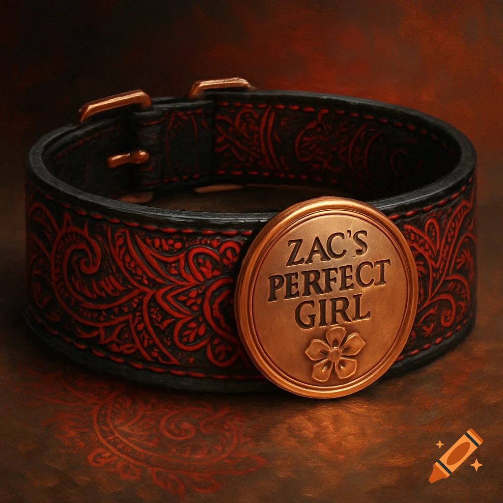 A black leather collar with red intricate patterns and a rose gold emblem engraved with 'ZAC'S PERFECT GIRL' and a flower.
