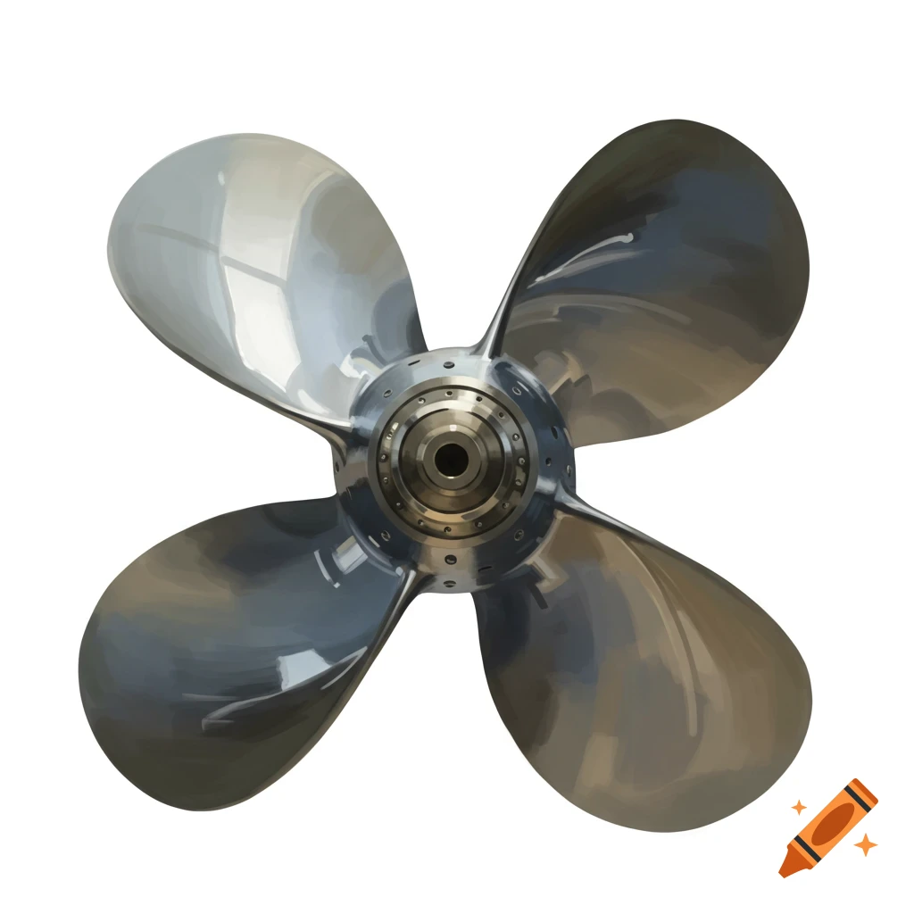 A shiny, four-bladed metallic ship propeller isolated on a white background.