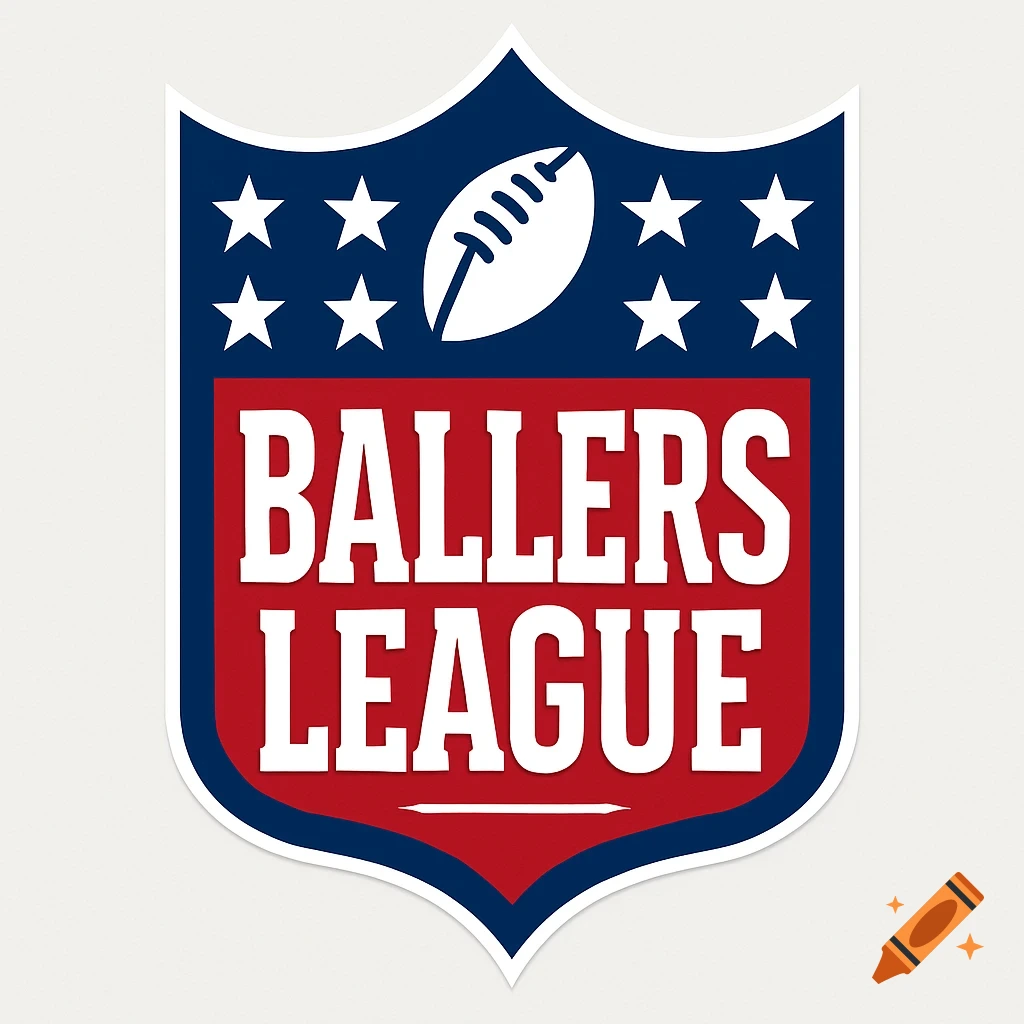 A shield-shaped sports logo resembling the NFL logo, featuring a white football and stars on a blue background above 'BALLERS LEAGUE' text on a red background.
