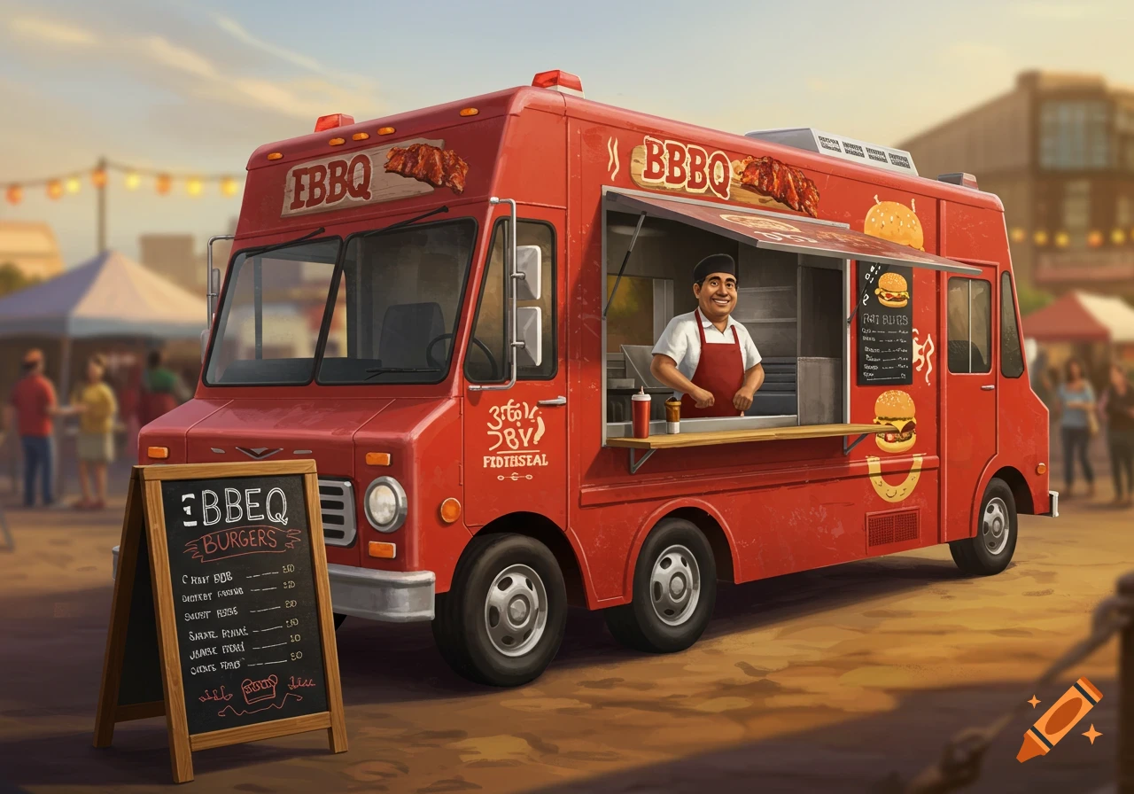 An illustration of a red BBQ food truck with a smiling vendor inside, parked on a street with a menu board out front.