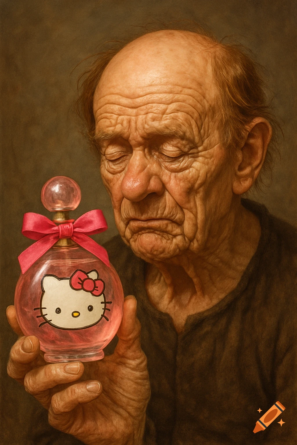 A photorealistic portrait of a heavily wrinkled old man sadly holding a Hello Kitty perfume bottle.