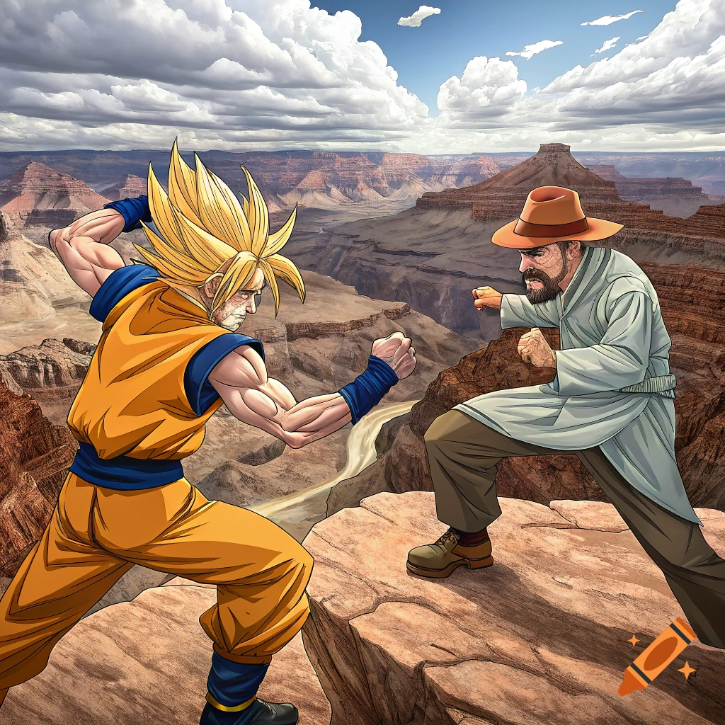 Anime-style Goku and Walter White in fighting stances on a cliff overlooking the Grand Canyon.