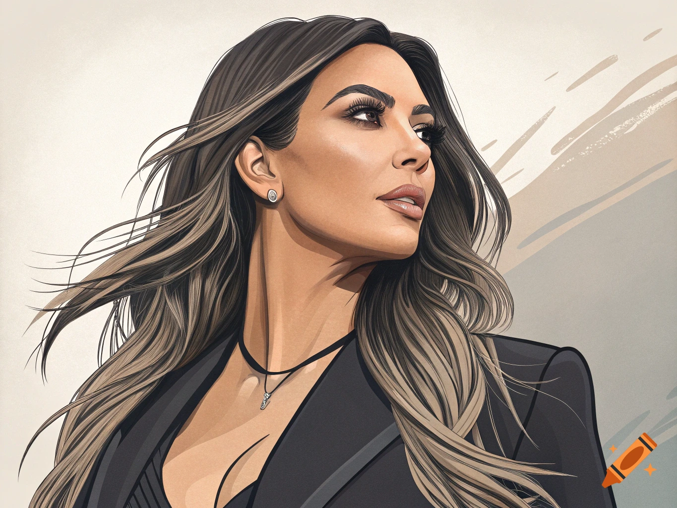 Stylized illustration of a woman resembling Kim Kardashian, with long brown hair flowing to the left, looking right. She wears a dark blazer and a necklace.