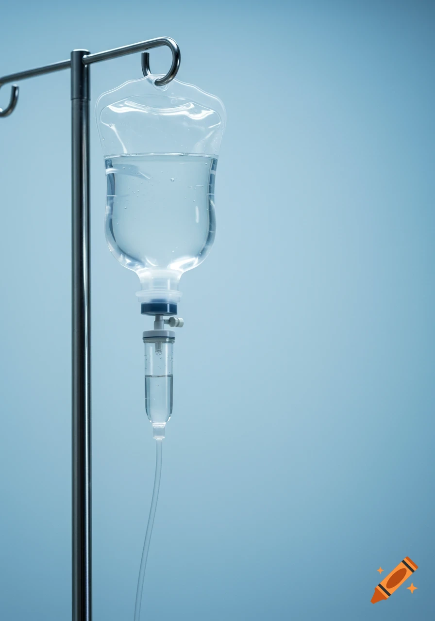 An IV bag with clear solution hangs from a metal stand against a plain light blue background.