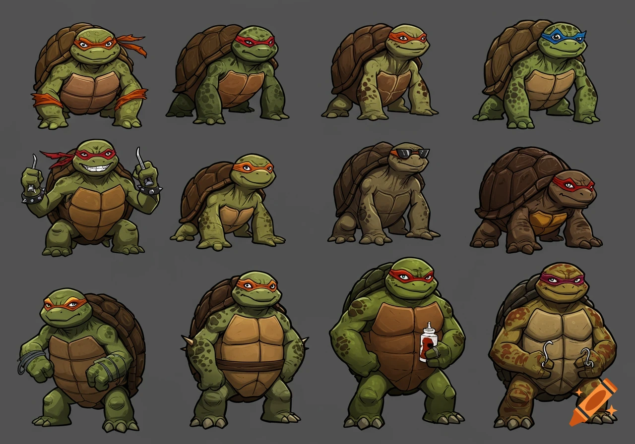 A grid of twelve distinct cartoon turtle character illustrations, some with masks, sunglasses, weapons, and varying expressions, on a gray background.