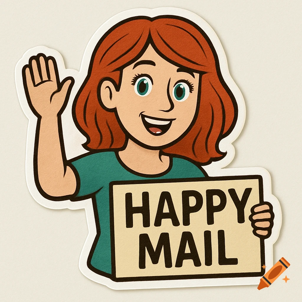 A vinyl-style sticker of a smiling cartoon woman with red hair and blue-green eyes, waving and holding a sign that says 'Happy Mail'.