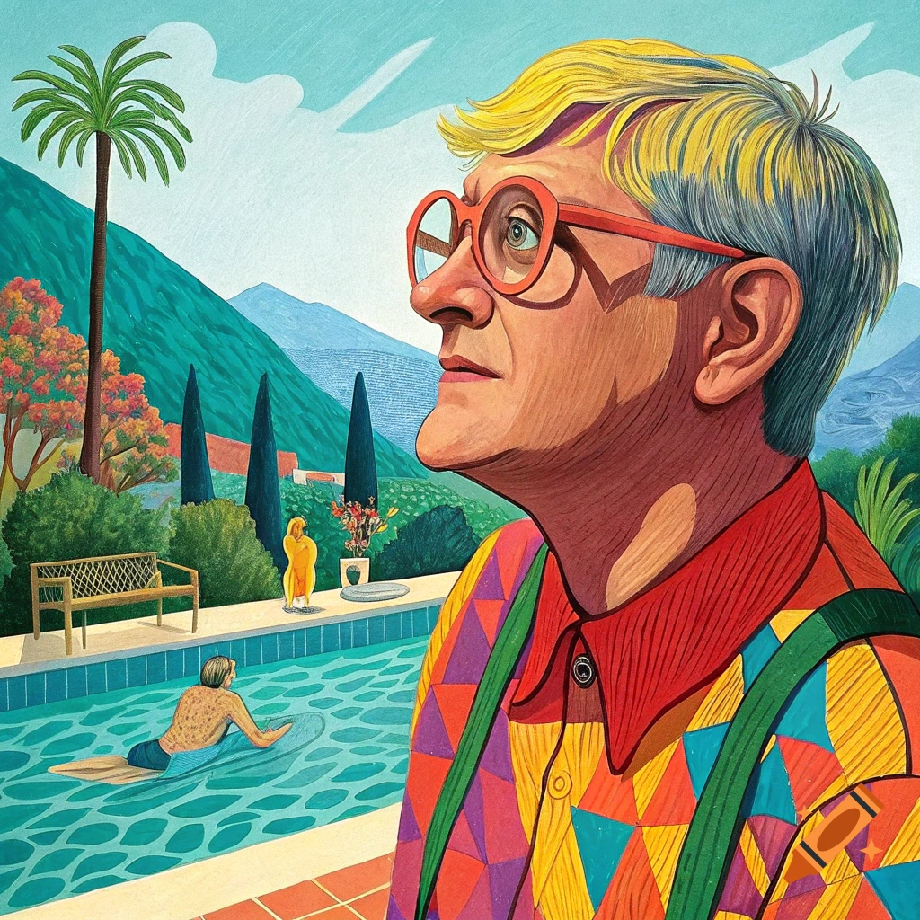 A vibrant, stylized portrait of a man resembling David Hockney, wearing colorful clothes, overlooking a swimming pool and mountain landscape.