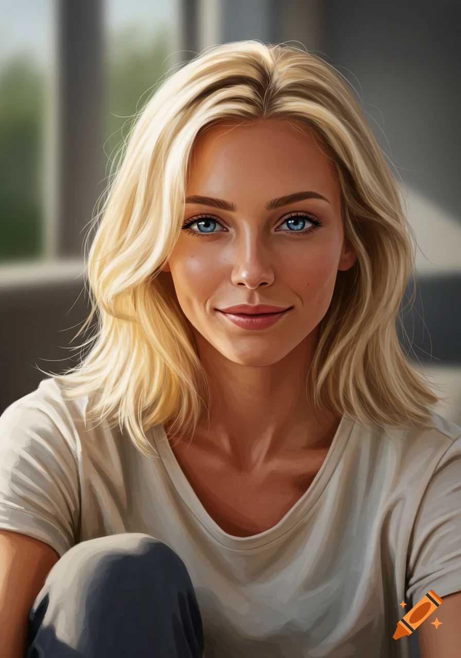 A photorealistic headshot of a beautiful blonde woman with blue eyes and a slight smile.