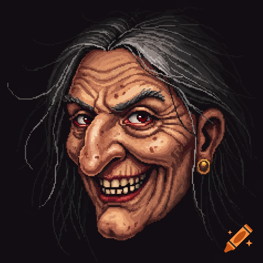 A pixel art portrait of an old, cackling witch with a hooked nose, wrinkled skin, and long dark hair.