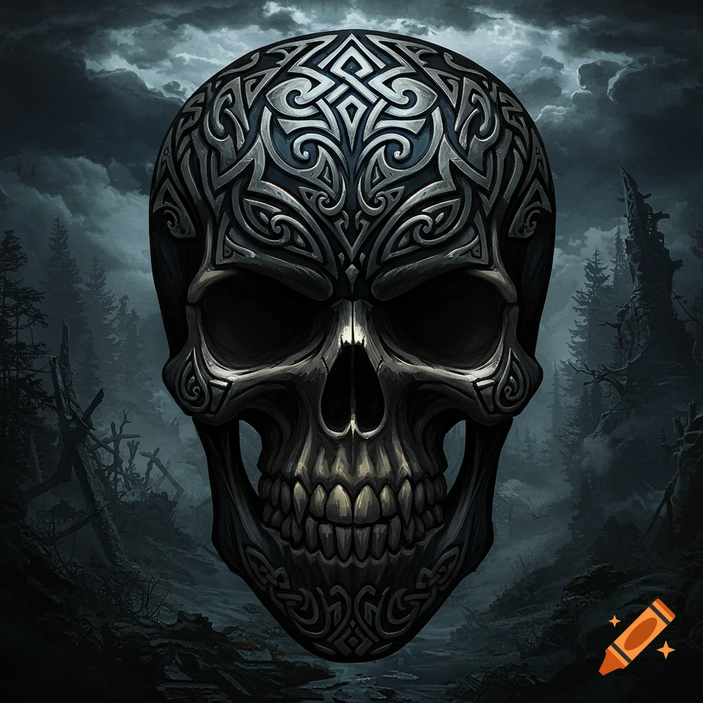 A dark, stylized skull with intricate Celtic patterns, set against a gloomy, foreboding forest and stormy sky.