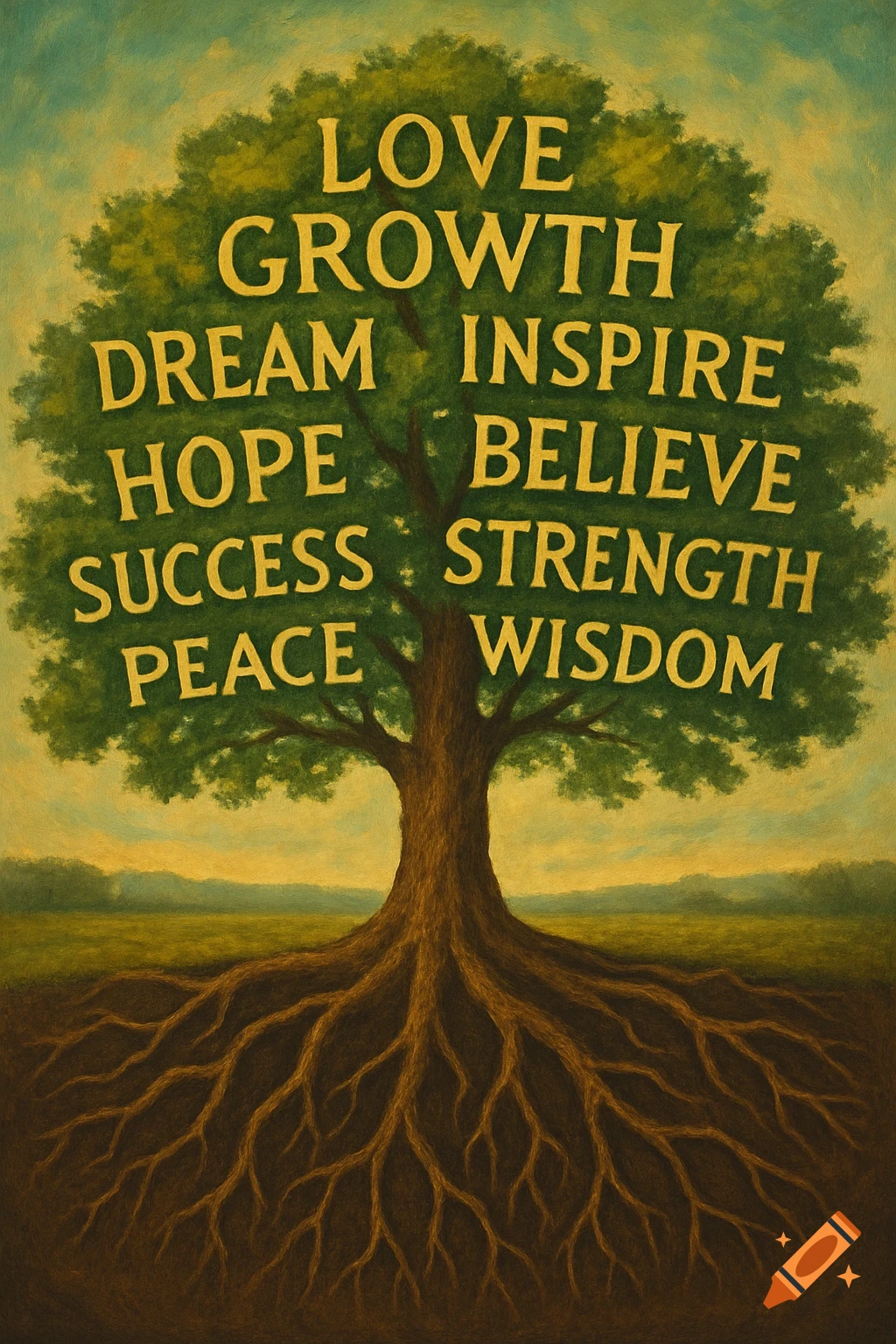 A painting of a tree with deep roots; its green leaves form golden words like LOVE, GROWTH, and WISDOM, set against a muted sky.