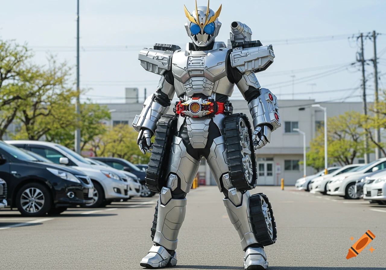 A photorealistic image of a person in detailed silver tank-themed robotic armor posing in a parking lot during daytime.