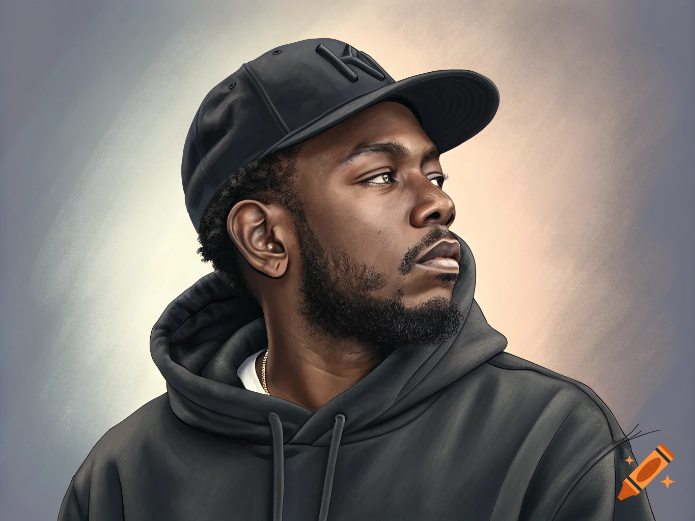 A stylized portrait of a man, likely Kendrick Lamar, wearing a black hoodie and baseball cap, looking to the right.