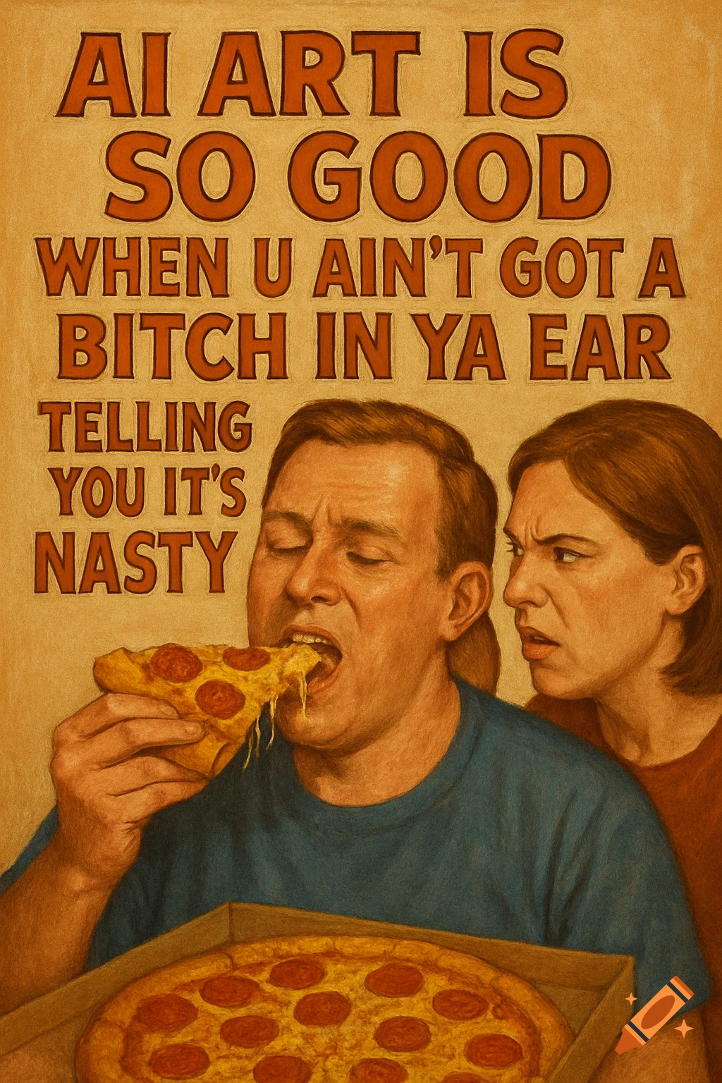 A man messily eats a slice of pizza with cheese stretching as a woman looks on in disgust. Above them, text reads: "AI ART IS SO GOOD WHEN U AIN 'T GOT A BITCH IN YA EAR TELLING YOU IT 'S NASTY."