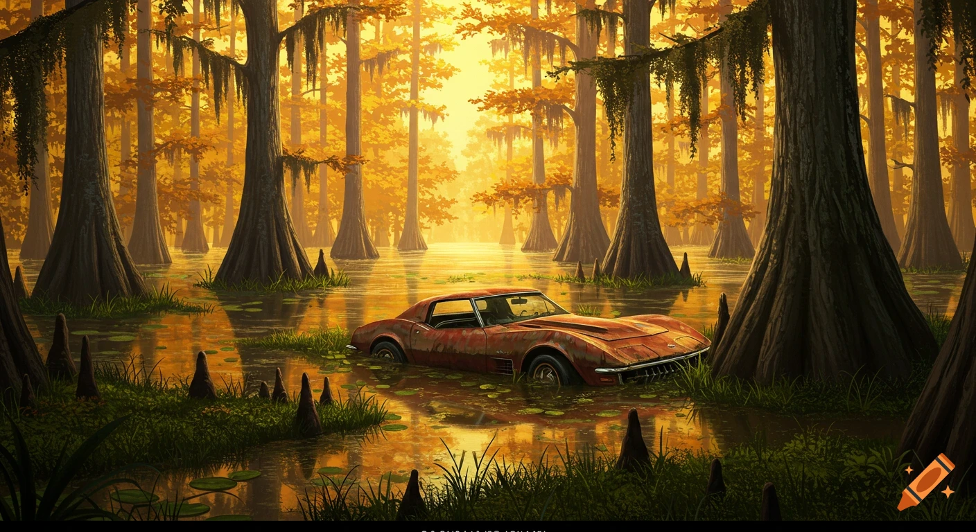 A rusty vintage Corvette half-submerged in a sunny, golden swamp surrounded by tall cypress trees.