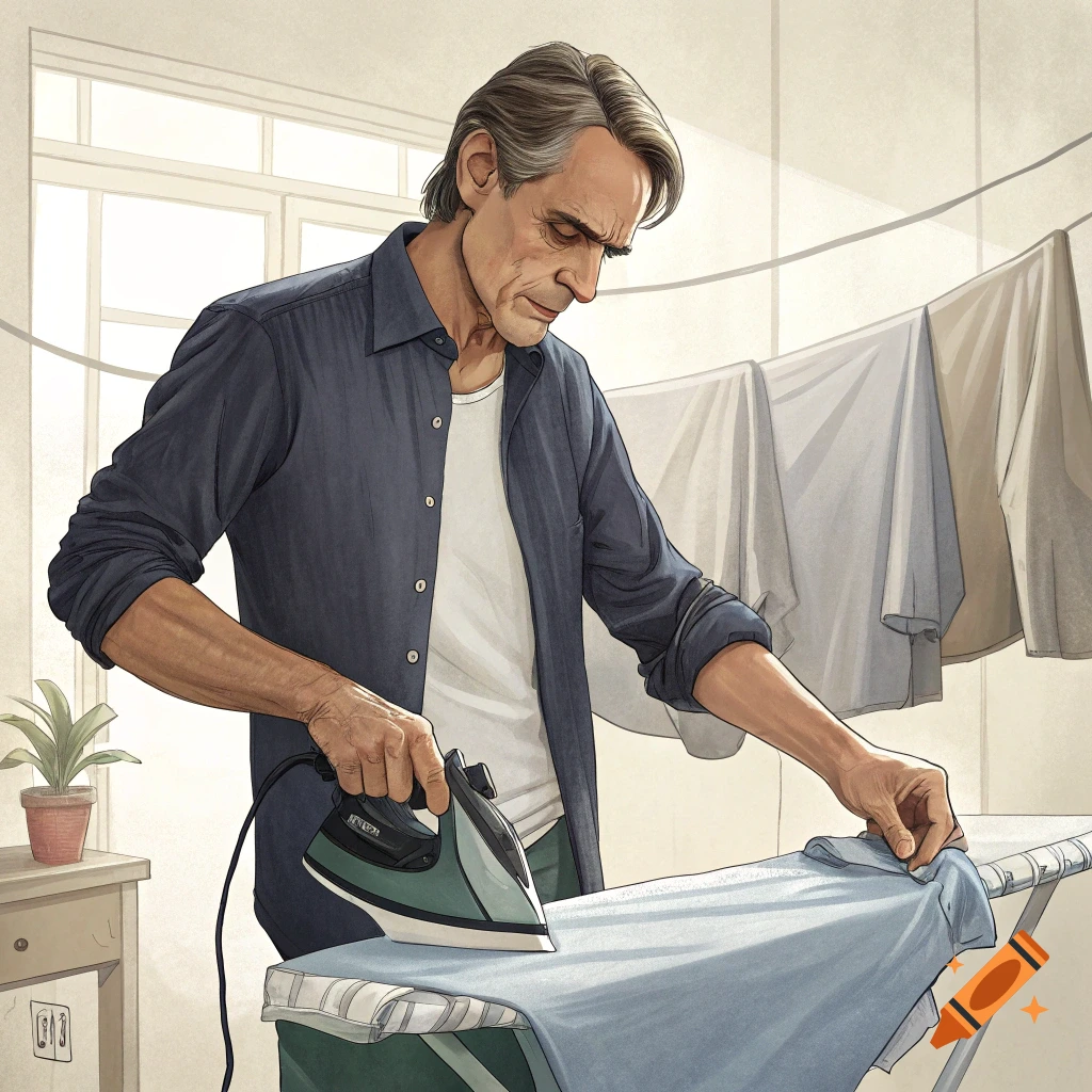 An illustrative image of a man, resembling Jeremy Irons, carefully ironing a light blue shirt on an ironing board, with clothes hanging to dry in the background.
