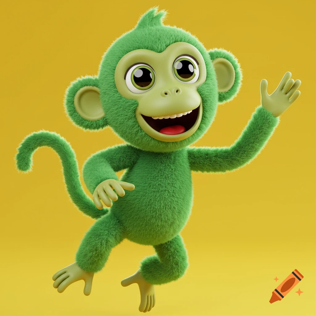A happy green fuzzy cartoon monkey with big eyes waves, set against a yellow background.