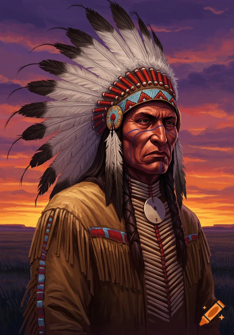 Detailed, painterly portrait of a Native American chief in a feathered headdress and traditional clothing at sunset.