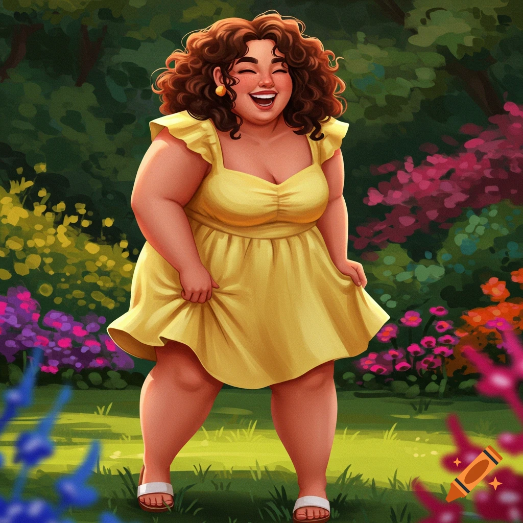 Smiling woman with curly hair in a yellow dress standing happily in a vibrant garden, illustrative style.