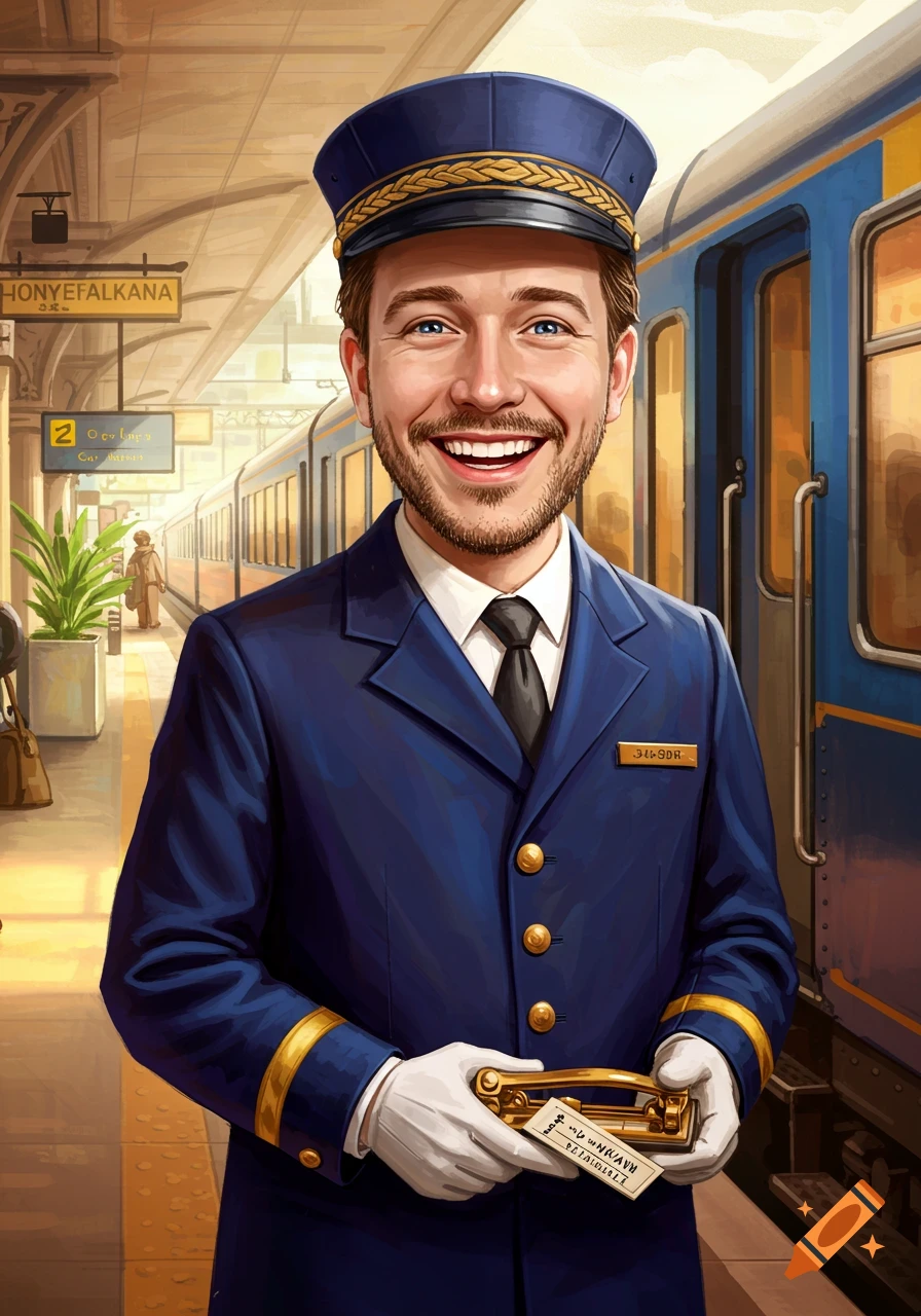 A smiling man in a blue train conductor's uniform and hat stands on a train platform, holding a ticket punch and ticket.