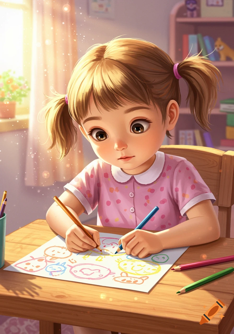 An illustrated young child with pigtails sitting at a wooden table, drawing on paper with colored pencils in a sunlit room.