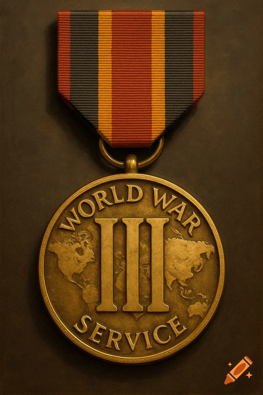A close-up of a bronze medal with a colorful ribbon, inscribed 'WORLD WAR III SERVICE' and featuring a world map.