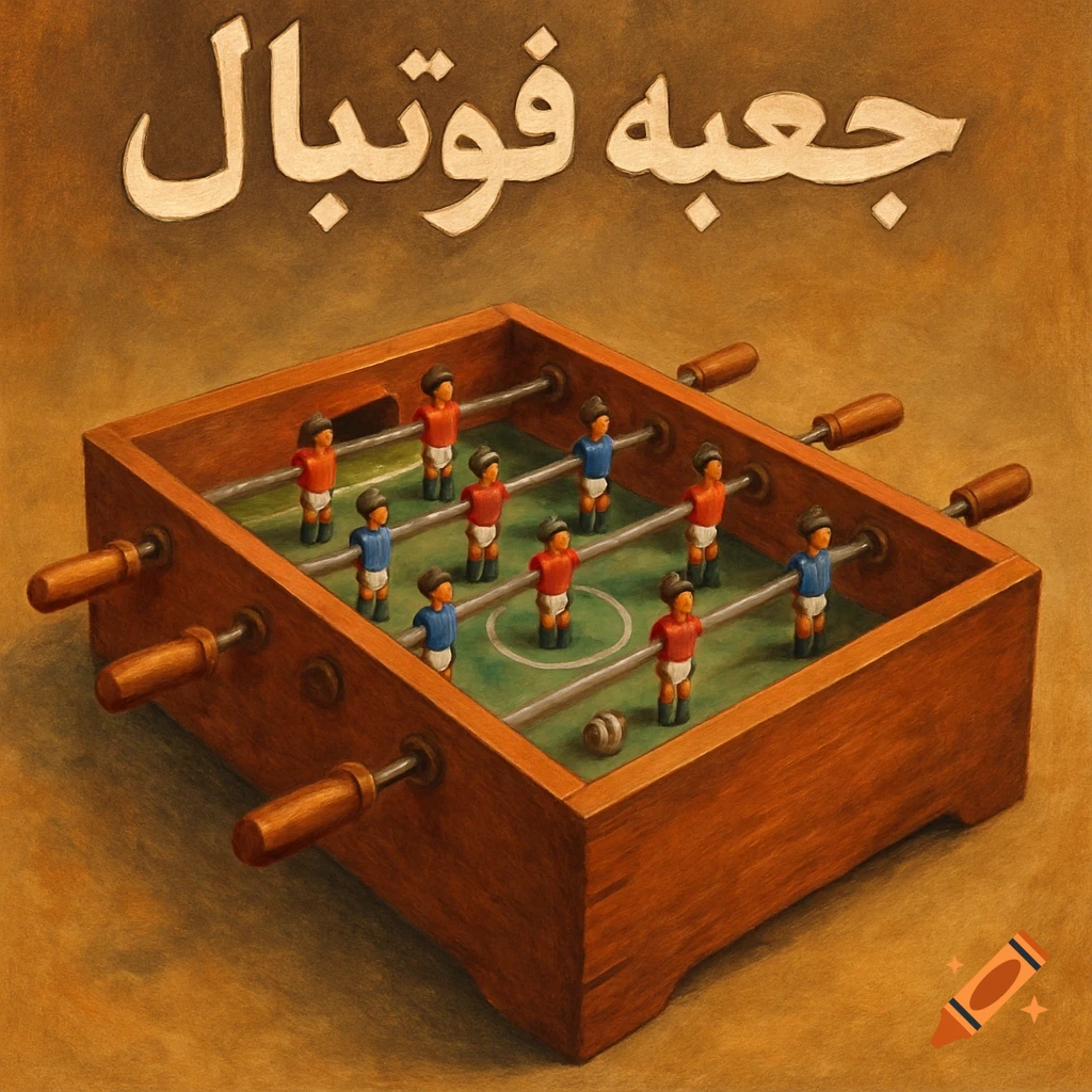 An illustrated foosball table with players and a ball, with Arabic text above it on a brown background.