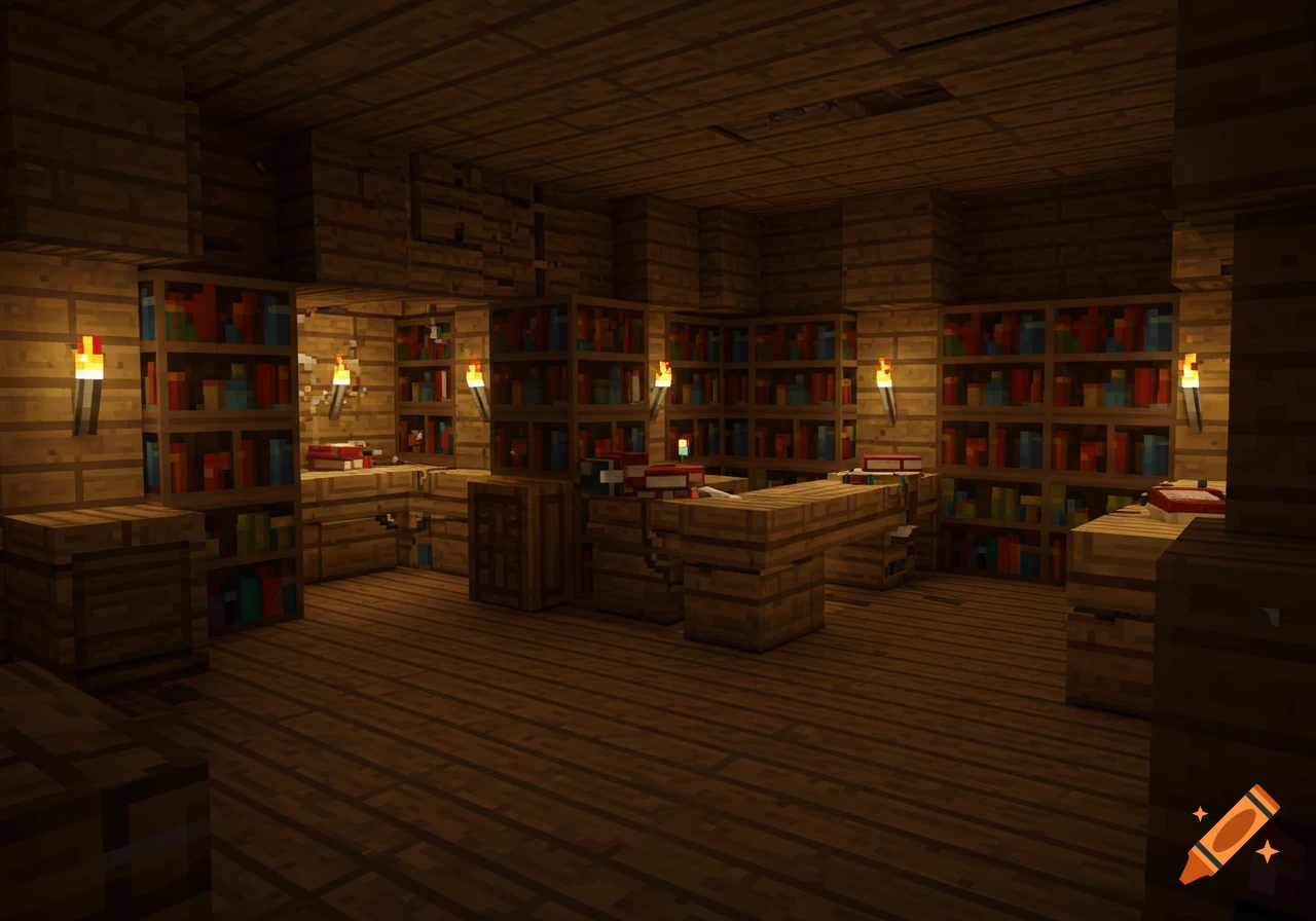 A dimly lit Minecraft library filled with wooden bookshelves and desks, with some books missing from shelves.