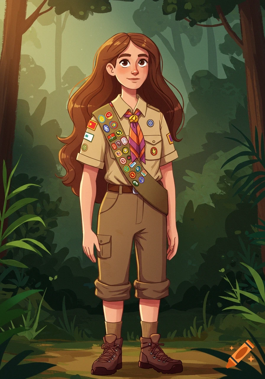 An illustration of a young girl with long brown hair in a scout uniform standing in a lush forest.