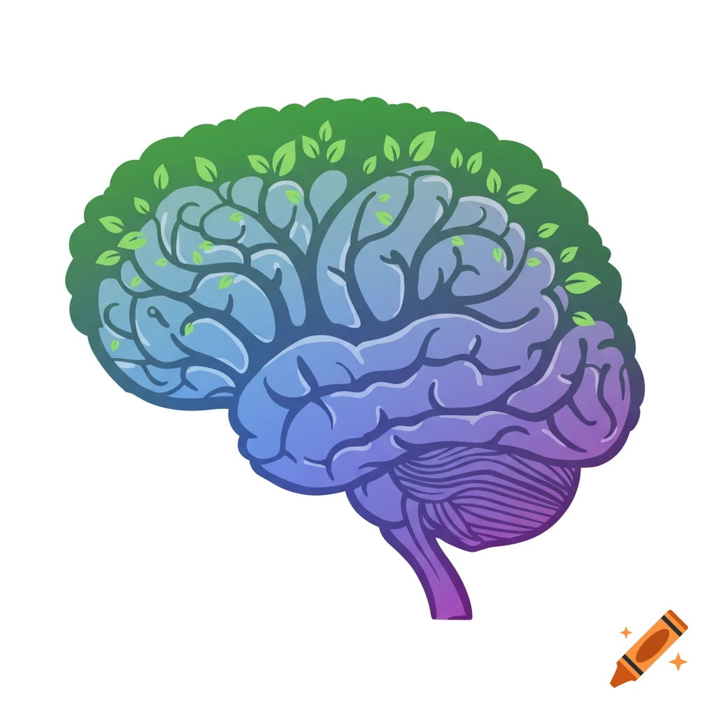 An illustration of a human brain in shades of blue and purple, with its top portion transforming into green tree branches and leaves.