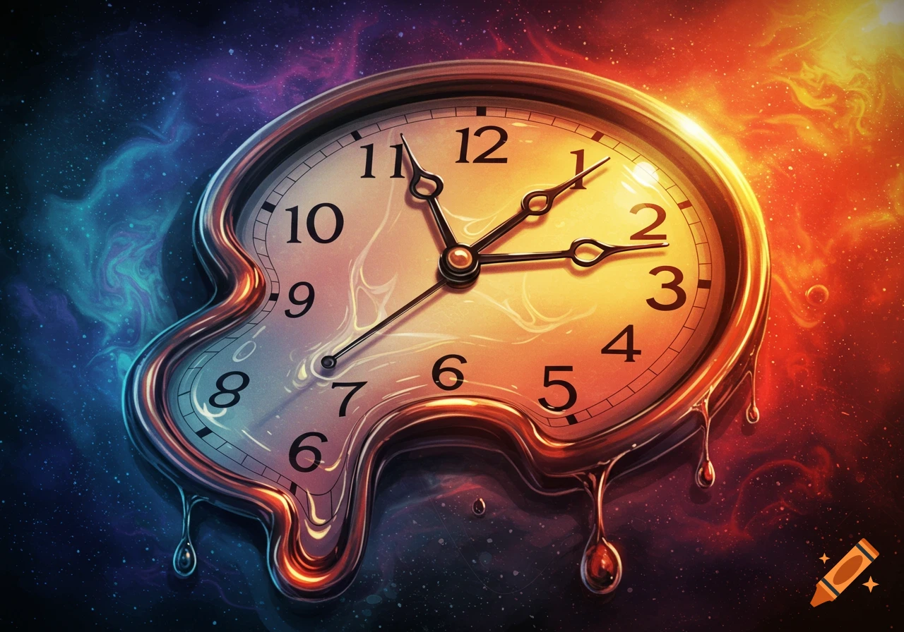 A melting clock with distorted hands set against a vibrant, swirling cosmic background of blue and orange.