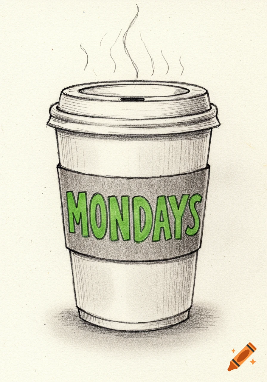 A pencil sketch of a takeaway coffee cup with 'MONDAYS' written in green on its sleeve, with steam rising.