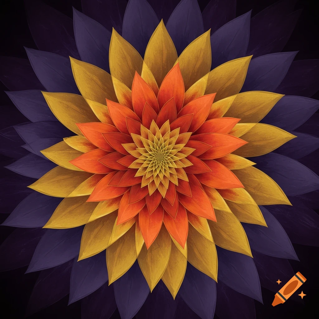 Vibrant abstract fractal flower with orange, yellow, and purple concentric petals on a dark background.