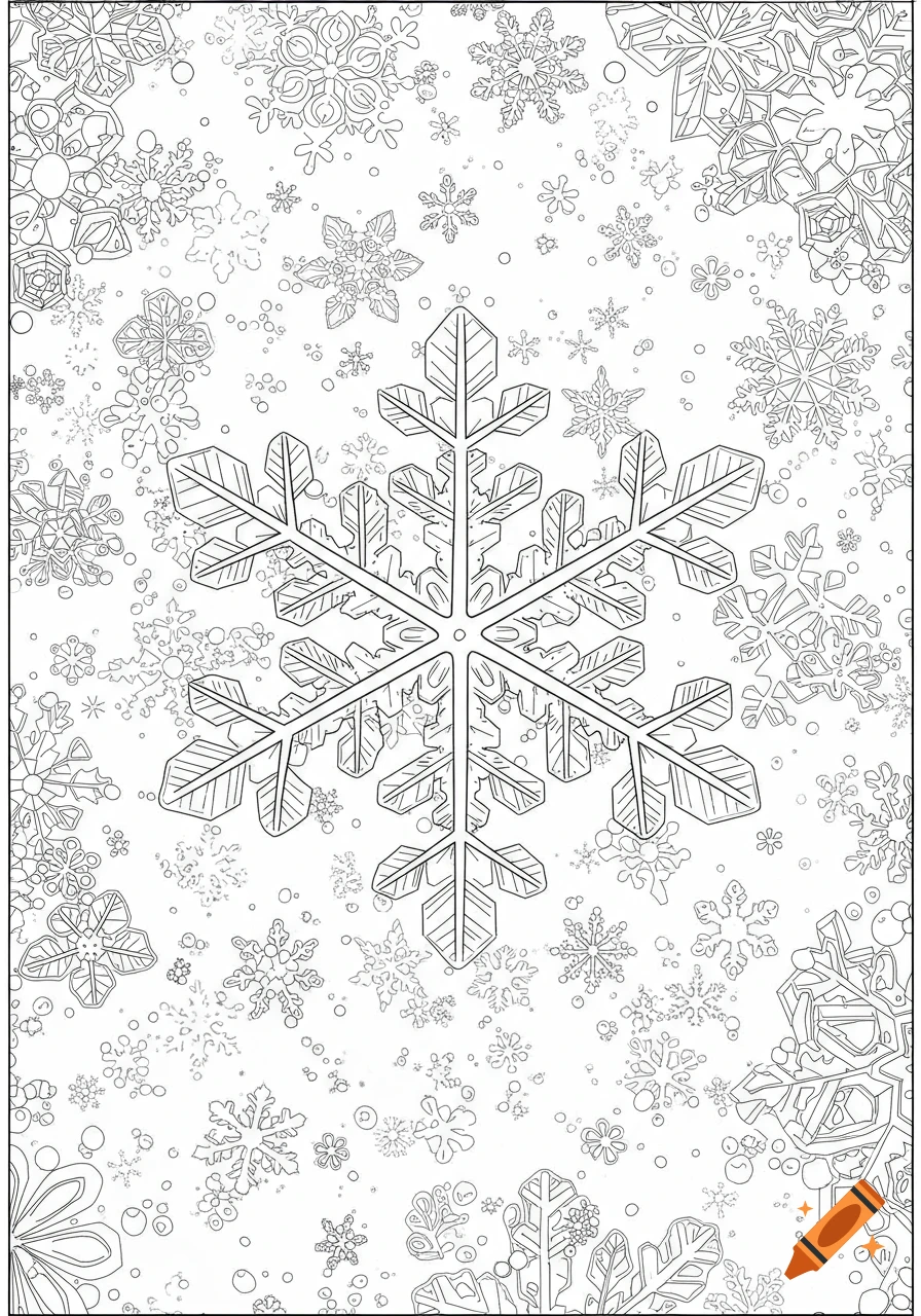 Detailed black line drawing of a large six-point snowflake surrounded by smaller snowflakes, designed as a coloring page.