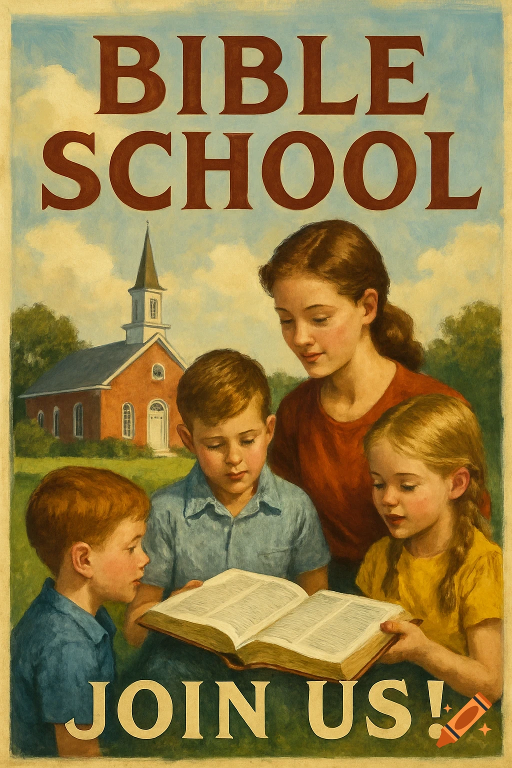 Vintage-style poster for Bible school featuring a young woman and three children reading a Bible in front of a church. Text: BIBLE SCHOOL JOIN US!