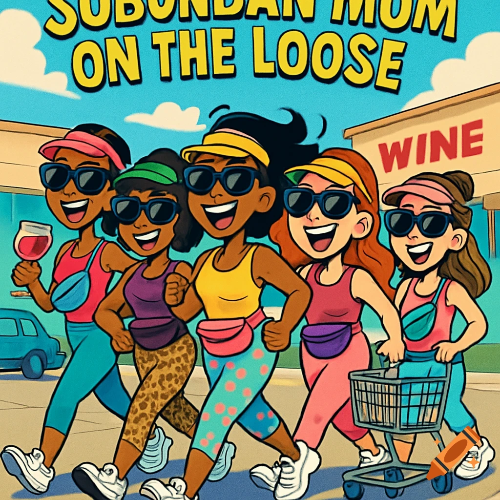 Five energetic cartoon suburban moms power walking in activewear and sunglasses. One holds wine, another pushes a cart by a 'WINE' store.