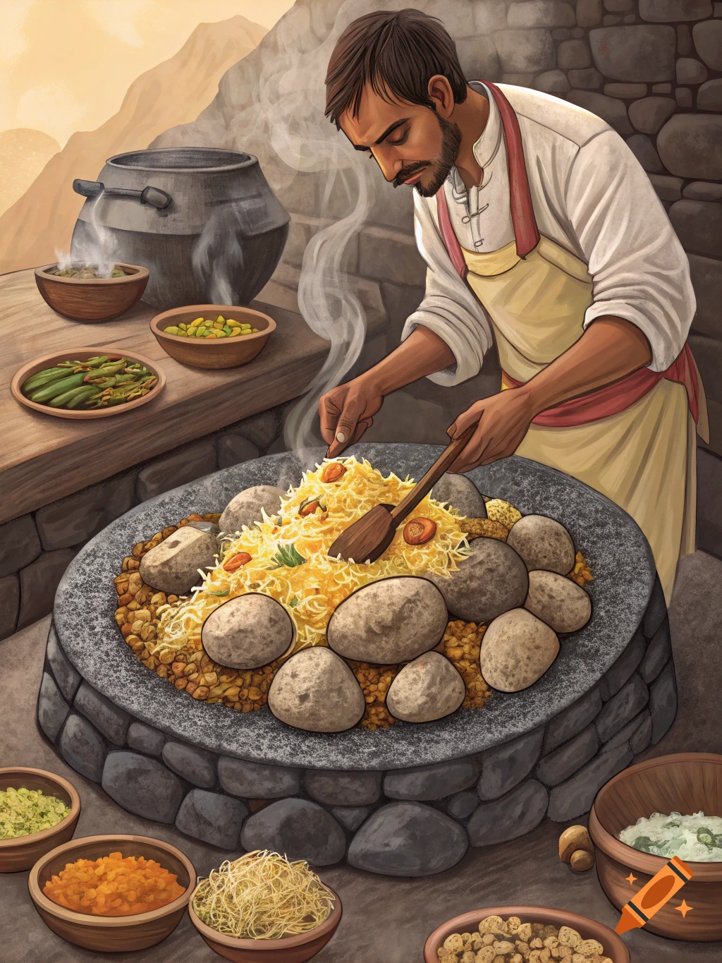 An illustration of a man cooking a large biryani-like dish mixed with rocks in a stone setting, surrounded by various ingredients.