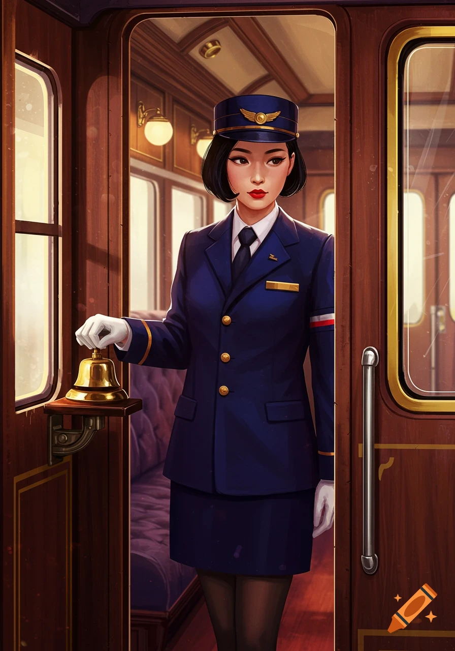 An illustrated female train conductor in a blue uniform holding a brass bell inside a vintage train carriage.