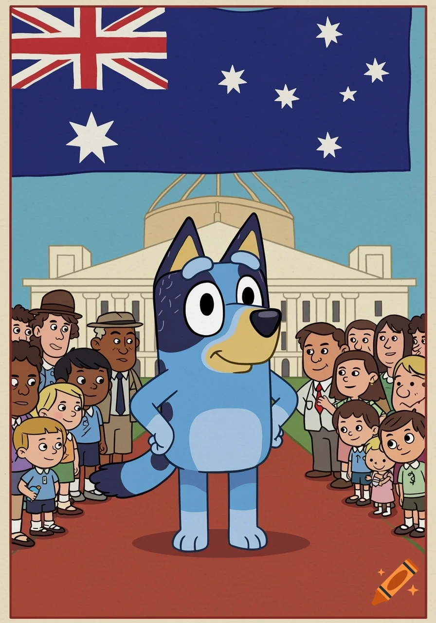 Bluey stands proudly in front of a building resembling Parliament House, with the Australian flag above and a crowd of diverse cartoon people watching. The style is animated.