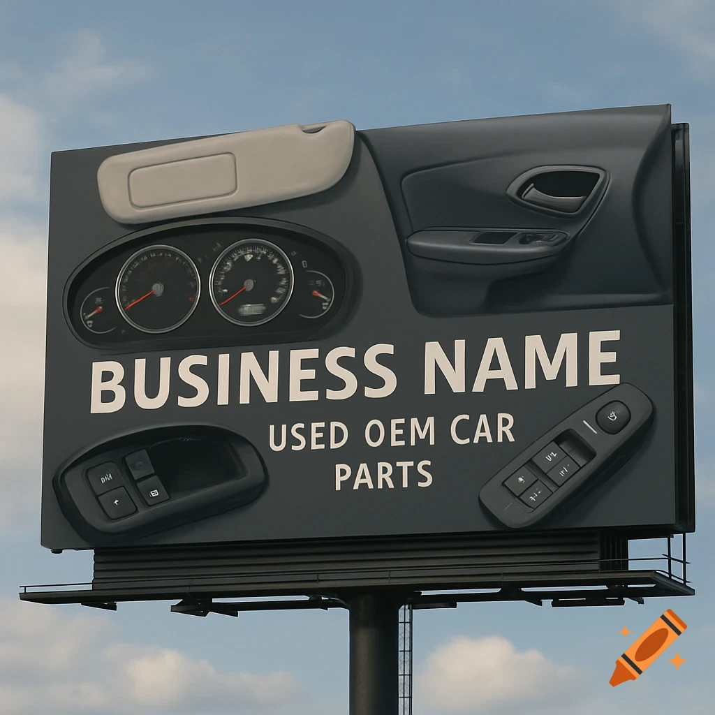 A large billboard advertising a business selling used OEM car parts, featuring images of car components.