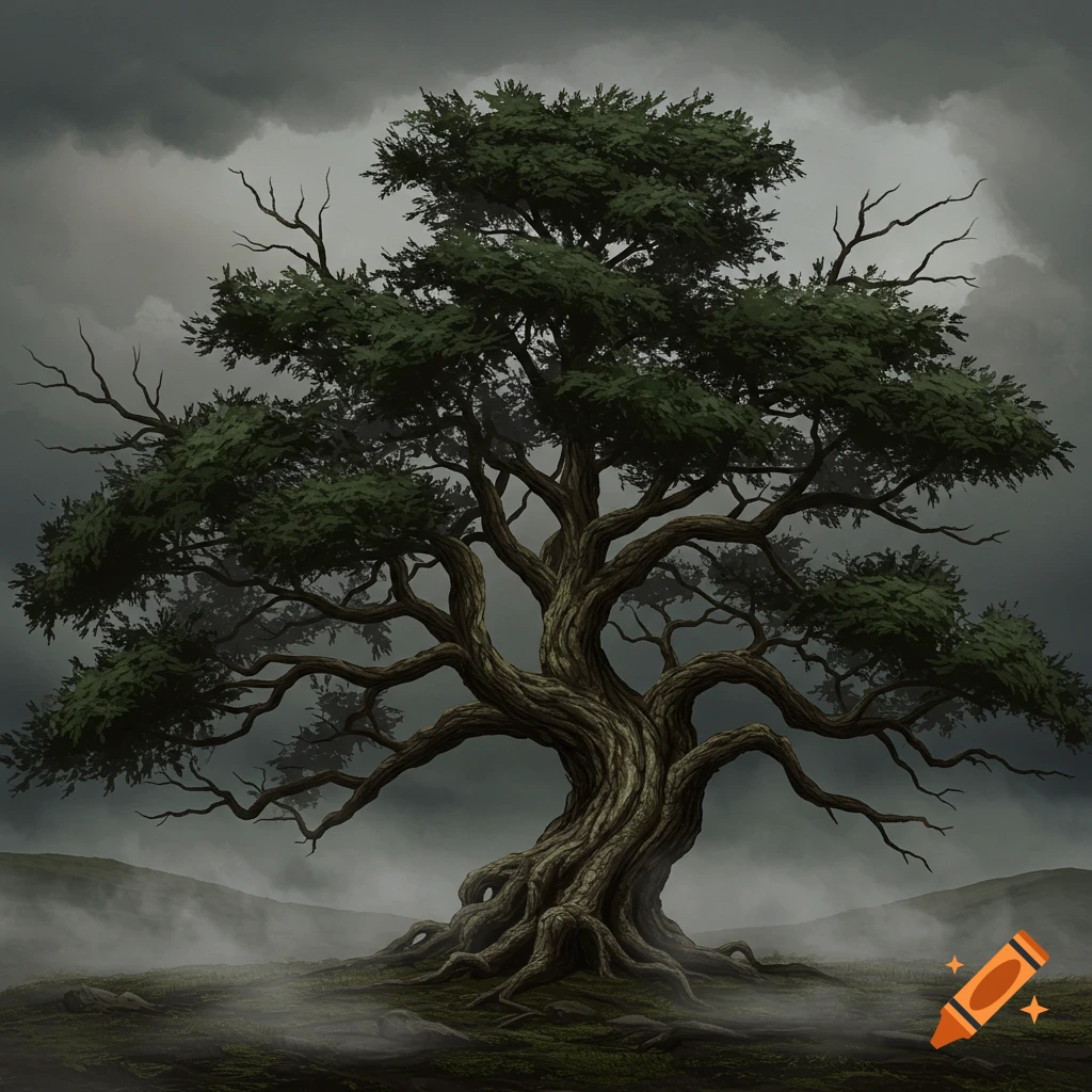 A stylized, gnarled tree with dark foliage stands in a misty, stormy landscape.